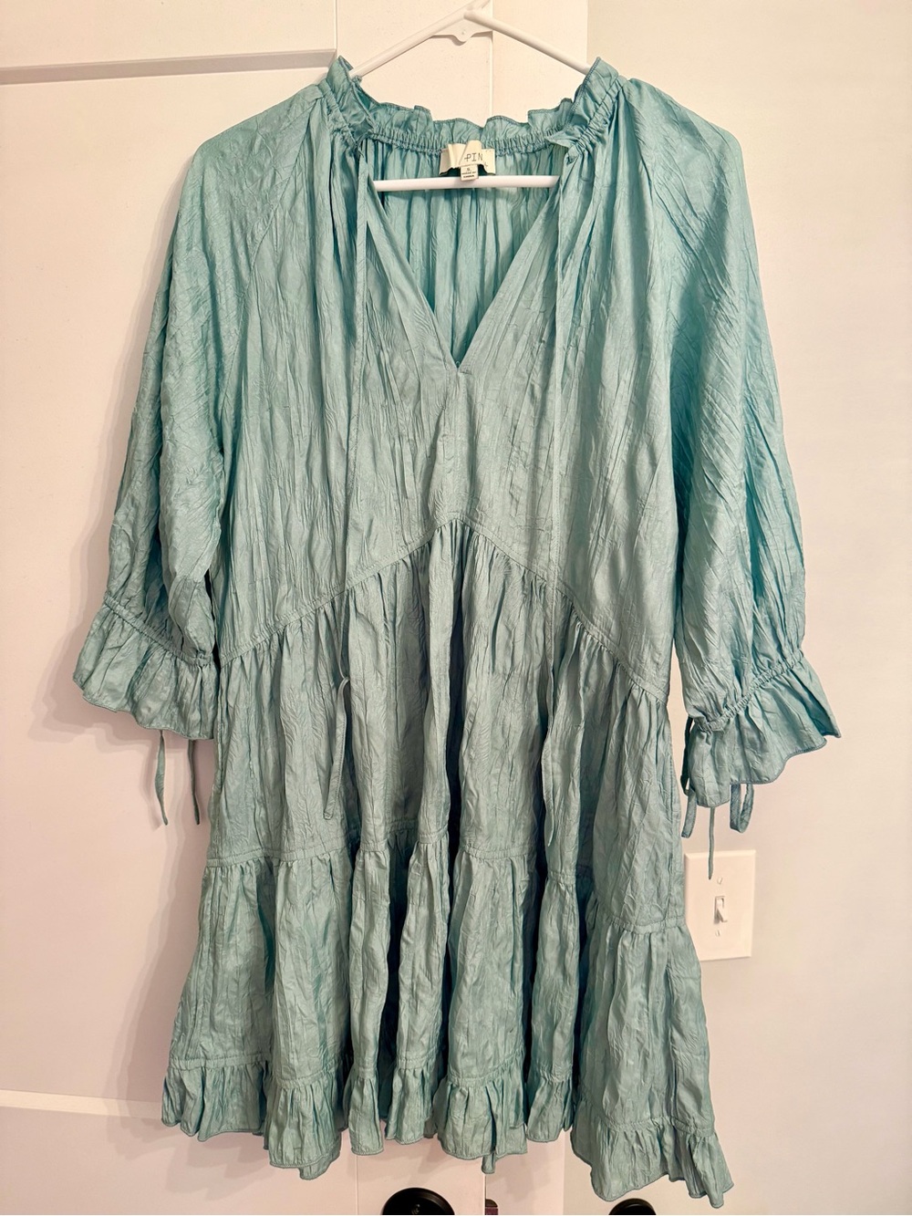 Pinch Light Aqua Tiered Crinkle V-Neck Babydoll Dress